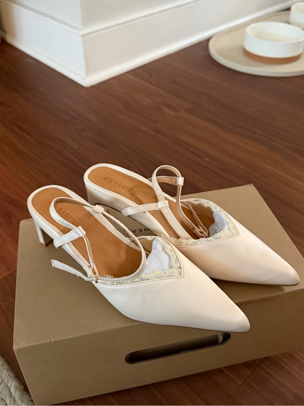 Bared Footwear Lace-Trim Pointed Slingback Heels in Cream